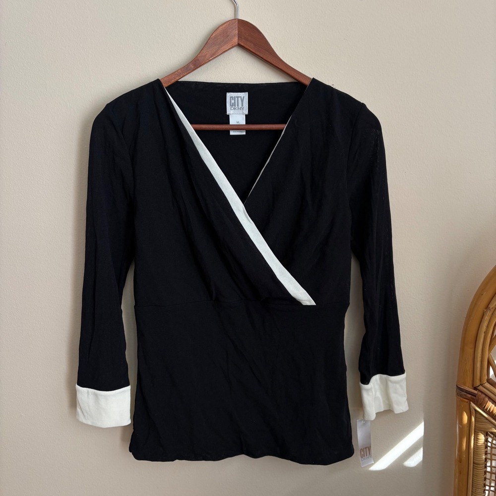 NWT Vintage 1990's Womens Babydoll Style DKNY City Black and White Wrap Blouse